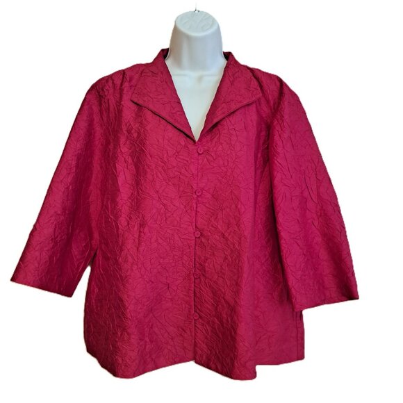 Eileen Fisher Silk Jacket PL Red Button Front Crinkle Crepe Lagenlook 3/4 Sleeve - Picture 1 of 8